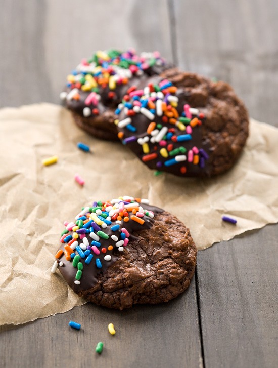 Chocolate dipped brownie cookies with rainbow sprinkles