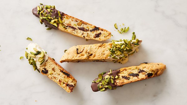 Chocolate-dipped cherry-pistachio biscotti