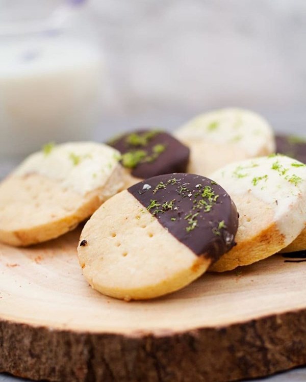 Chocolate dipped chili and lime shortbread cookies