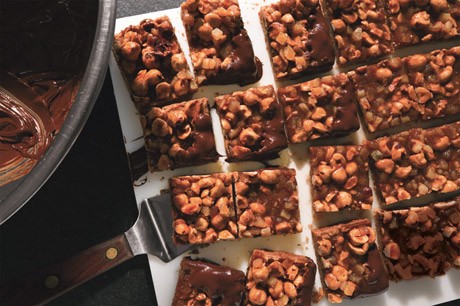 Chocolate-dipped hazelnut caramel squares