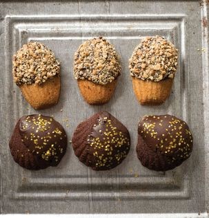 Chocolate-dipped peanut butter madeleines