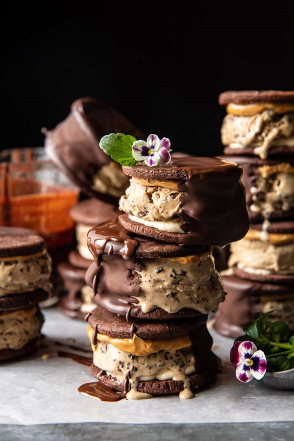 Chocolate dipped peanut butter mocha Oreo ice cream sandwiches