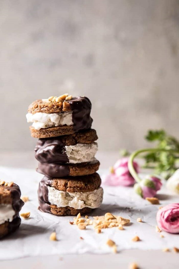 Chocolate dipped peanut cookie ice cream sandwiches
