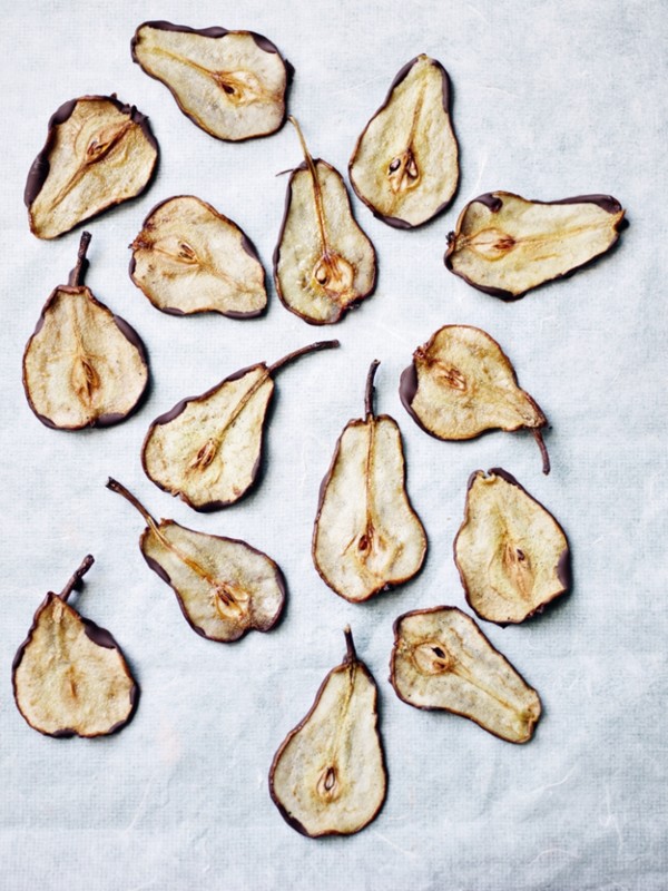 Chocolate-dipped pear wafers