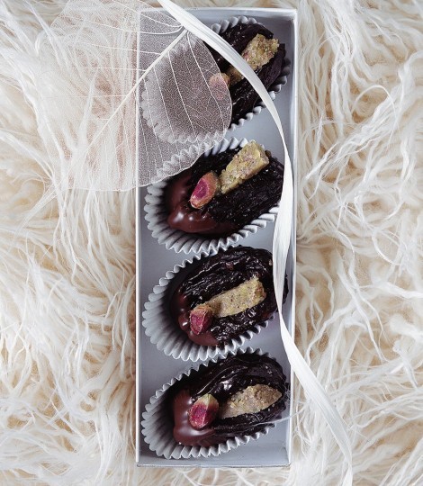 Chocolate-dipped plums with Armagnac marzipan