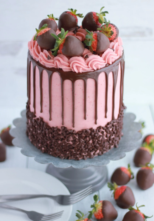 Chocolate-dipped strawberry cake with chocolate ganache drip and filling