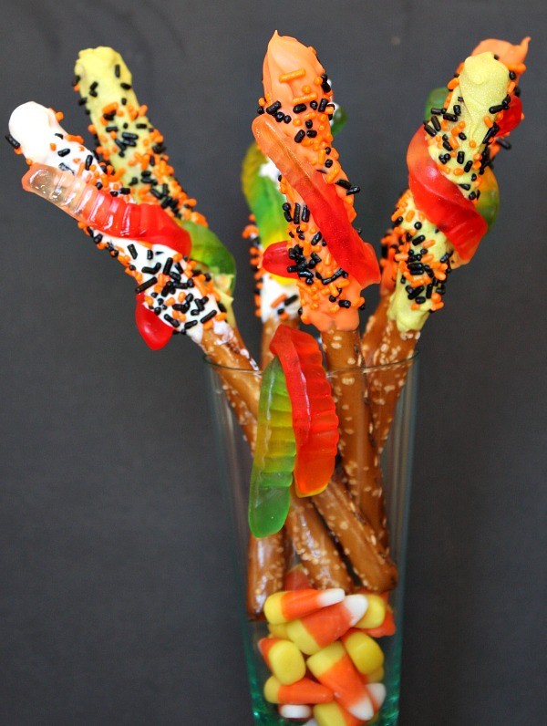 Chocolate-dipped worm pretzels