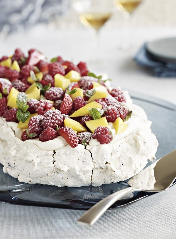 Chocolate, fig and hazelnut meringue with summer berries and mango