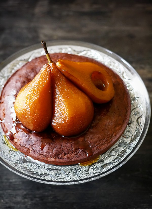 Chocolate financier with caramel tea-poached pears