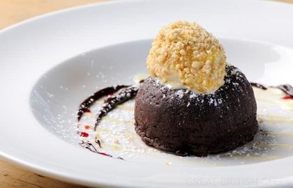 Chocolate fondant with peanut butter ice cream and dark chocolate sauce
