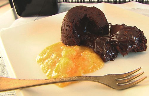 Chocolate fondants with orange and muscat compote