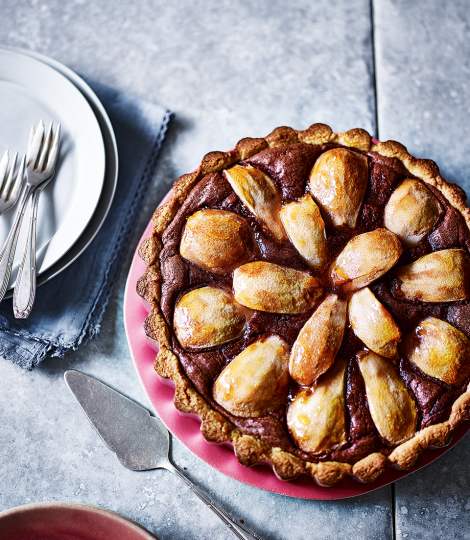 Chocolate frangipane pear tart