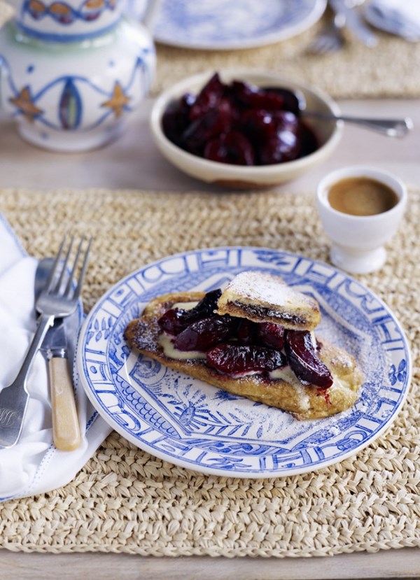 Chocolate French toast with plums and mascarpone