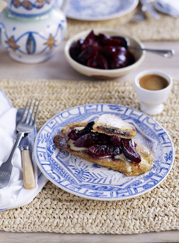 Chocolate French toast with roasted plums and mascarpone