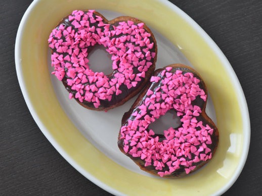 Chocolate frosted heart-shaped doughnuts