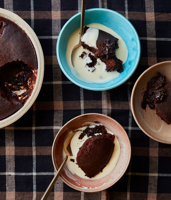 Chocolate fudge cake with custard