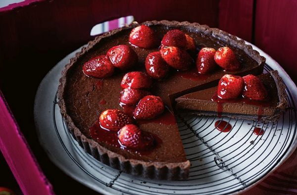Chocolate ganache tart with roasted strawberries