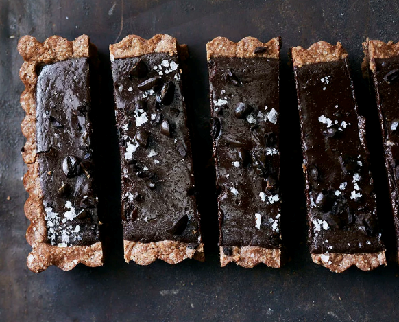 Chocolate ganache tart with sea salt and espresso beans