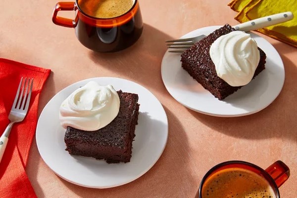Chocolate gingerbread snacking cake with whipped sour cream