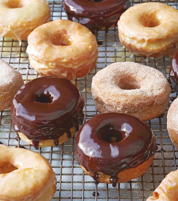 Chocolate-glazed cake doughnuts
