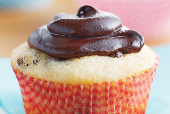 Chocolate-glazed chocolate chip muffins