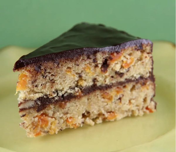 Chocolate-glazed marzipan cake with cognac-soaked apricots