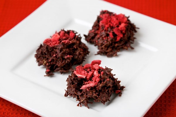 Chocolate haystacks with crushed strawberries