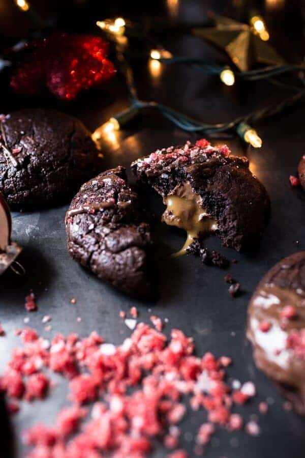 Chocolate hazelnut and caramel stuffed brownie cookies with pomegranate sugar