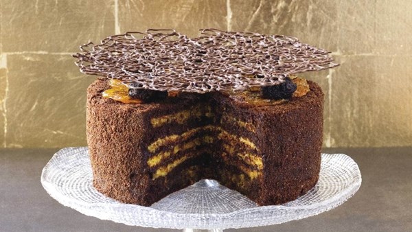 Chocolate, hazelnut and mandarin layer cake