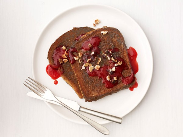 Chocolate-hazelnut French toast with raspberry syrup