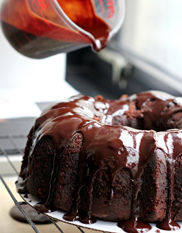 Chocolate heartland bundt cake with chocolate honey glaze