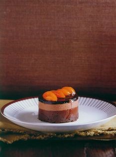 Chocolate Jaffa truffle cake with PX jelly and boozy cumquats