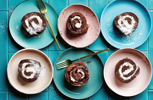Chocolate Lamington roulade with jam and cream