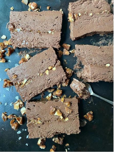 Chocolate malt semifreddo with salted candied almonds