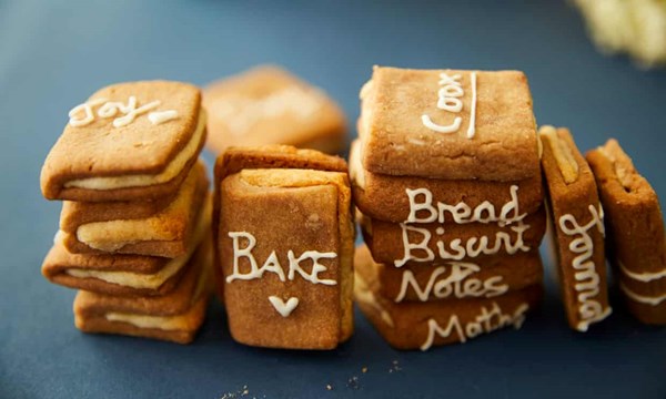 Chocolate, marzipan and cherry book biscuits