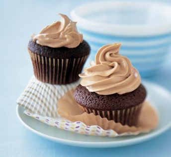 Chocolate-mayonnaise cupcakes with caramel-butterscotch buttercream frosting