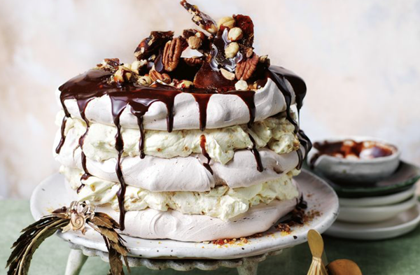 Chocolate meringue stack with praline cream
