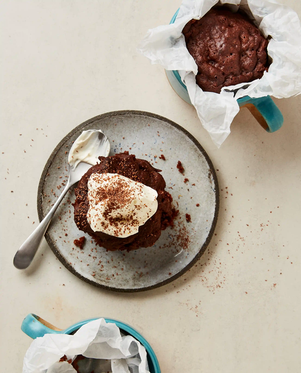 Chocolate, miso and banana mug cakes