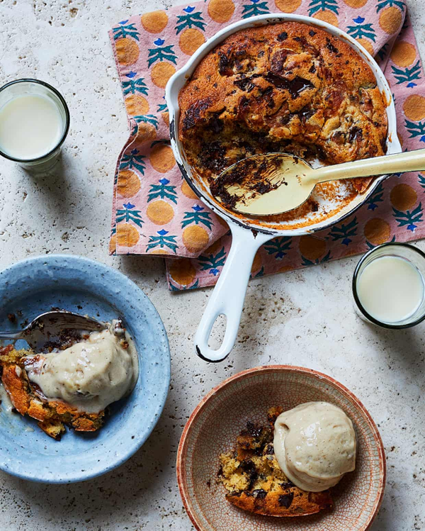 Chocolate miso skillet cookie with banana ice-cream