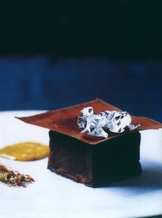 Chocolate moelleux with milk and honey ice cream and pistachio sabayon