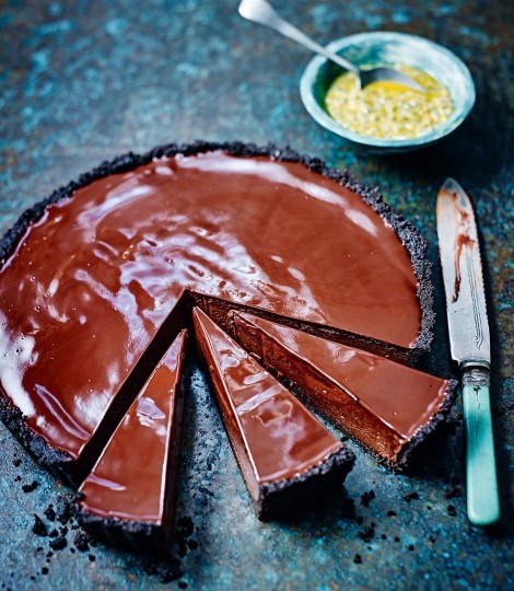 Chocolate mousse and passion fruit tart
