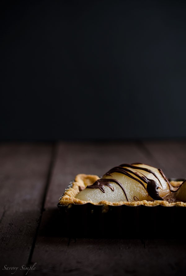 Chocolate mousse poached pear tart 