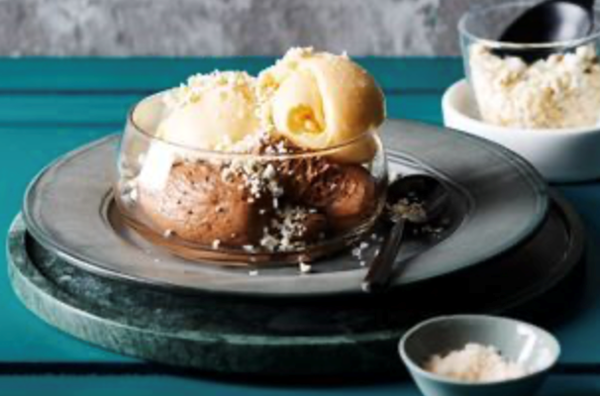 Chocolate mousse, popcorn ice cream and salted popcorn