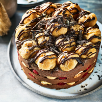 Chocolate mousse, raspberry and profiterole gâteau 