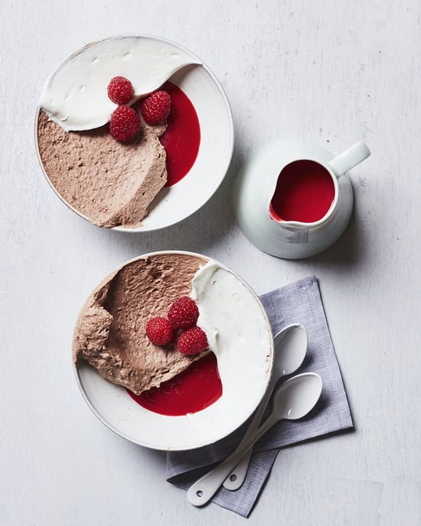 Chocolate mousse [raspberry sauce]
