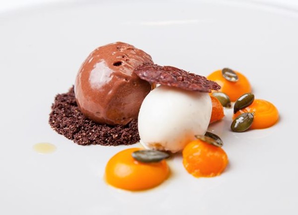 Chocolate mousse with crème fraîche sorbet and vanilla squash