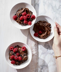Chocolate mousse with fresh raspberries + cacao nibs [Elle Macpherson]