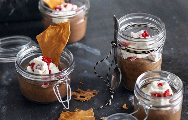 Chocolate mousse with raspberry cream and honeycomb