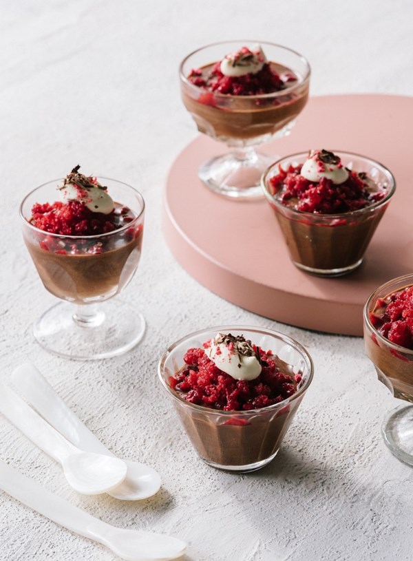Chocolate mousse with raspberry granita