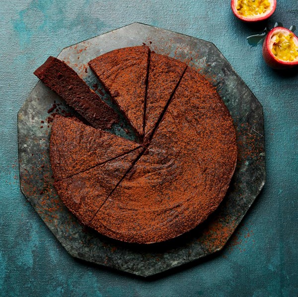 Chocolate, olive oil and passion fruit cake